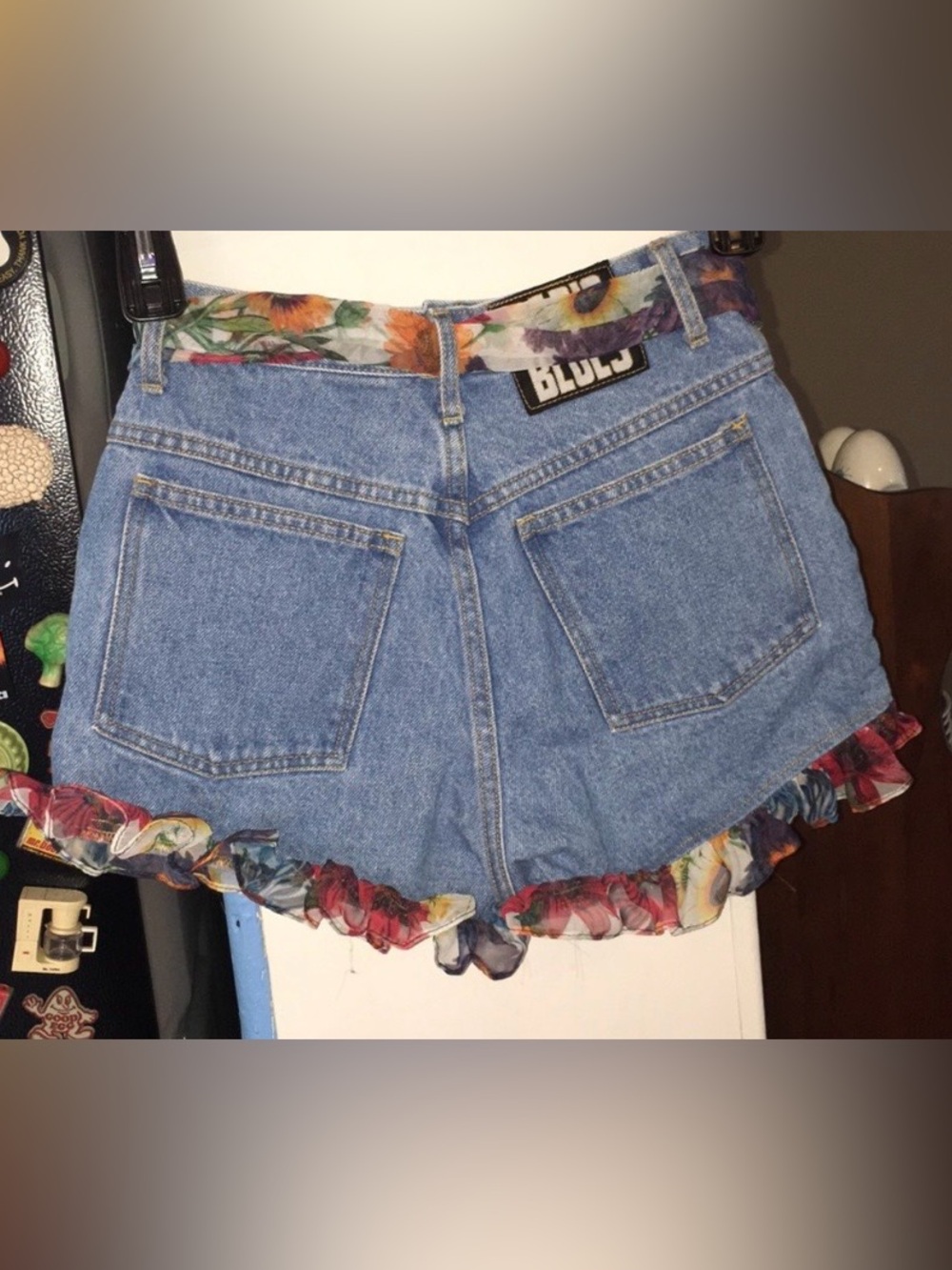Vintage 90s Rare Blues Light Blue Denim Shorts with Floral Trim